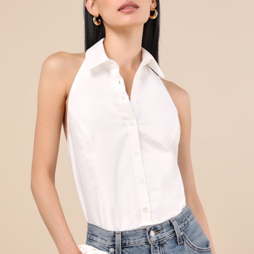 Lulus Aeres White Button-front Collared Halter Bodysuit - Size M